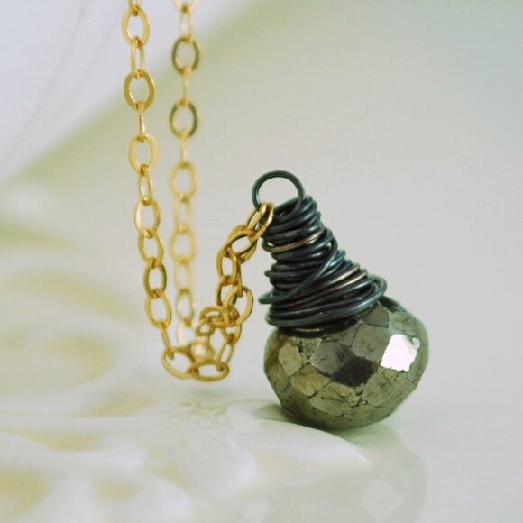 Pyrite Gemstone Necklace with Oxidized Silver and Gold Chain - Picture 1 of 11